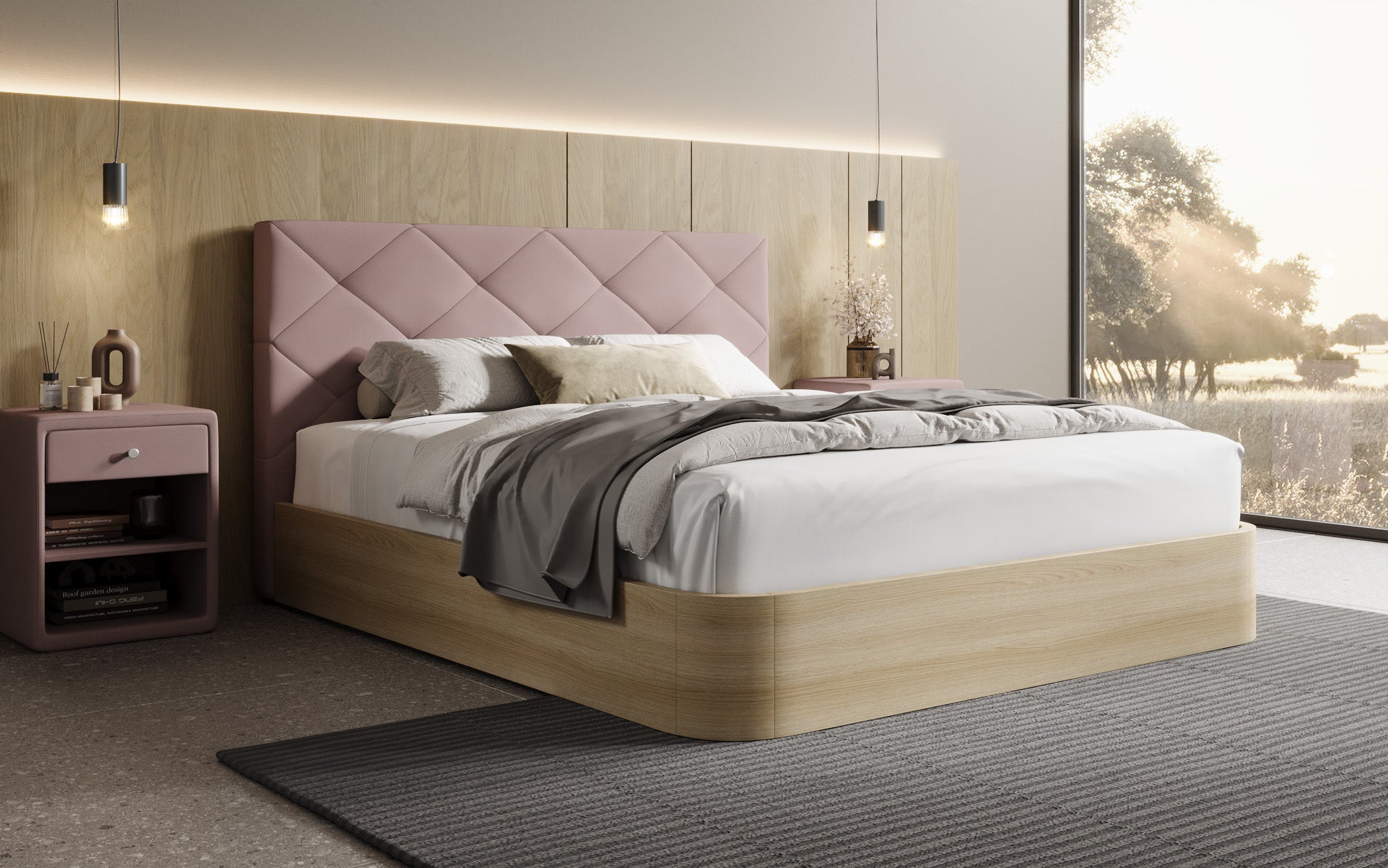Designer Polsterbett Fiore Caro in Stoff mit Stauraum