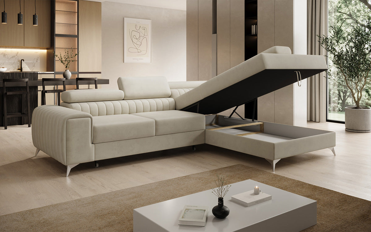 Designer Ecksofa Aurea mit Schlaf- und Klappfunktion in Samt