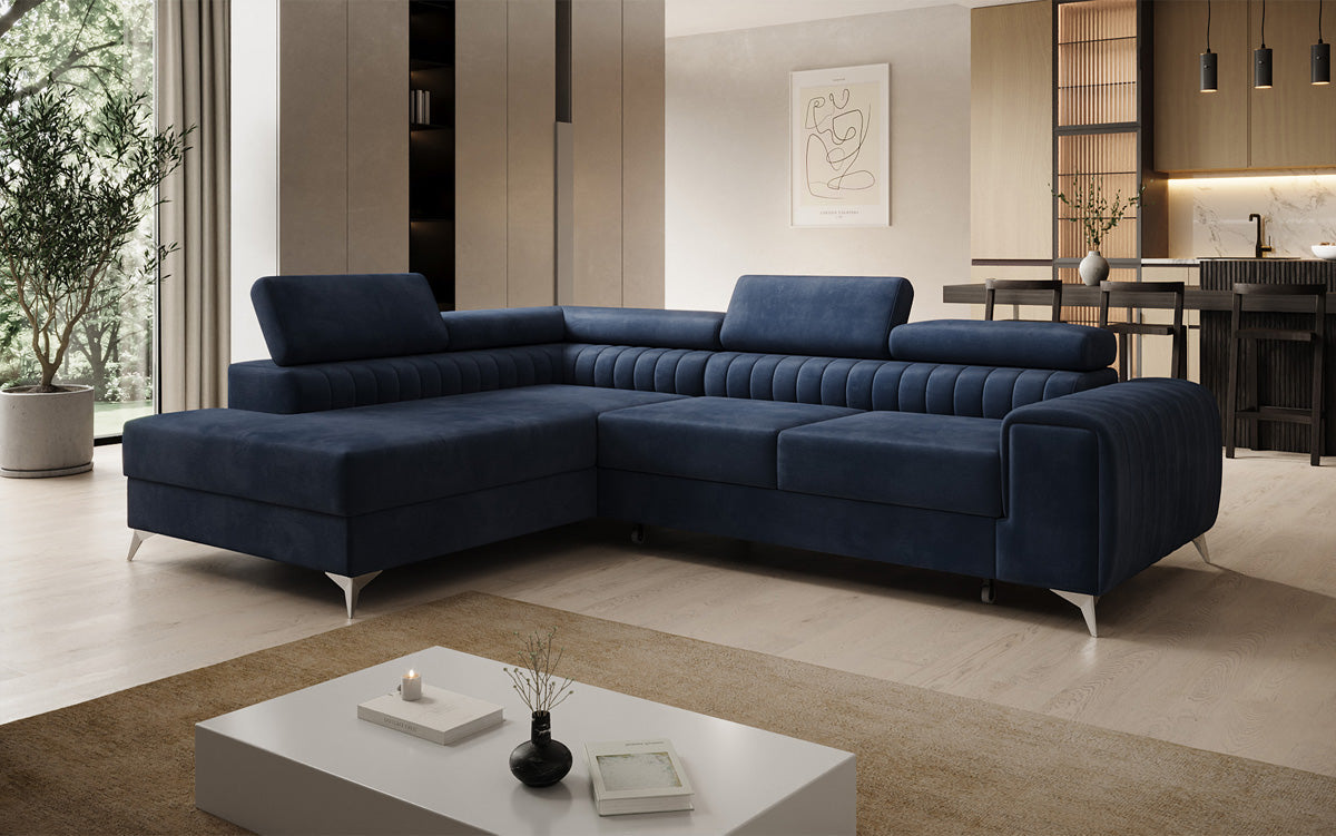 Designer Ecksofa Aurea mit Schlaf- und Klappfunktion in Samt