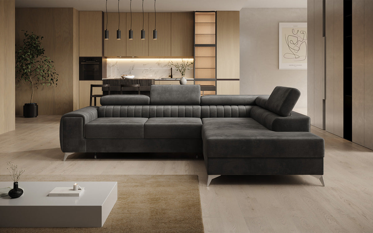 Designer Ecksofa Aurea mit Schlaf- und Klappfunktion in Samt