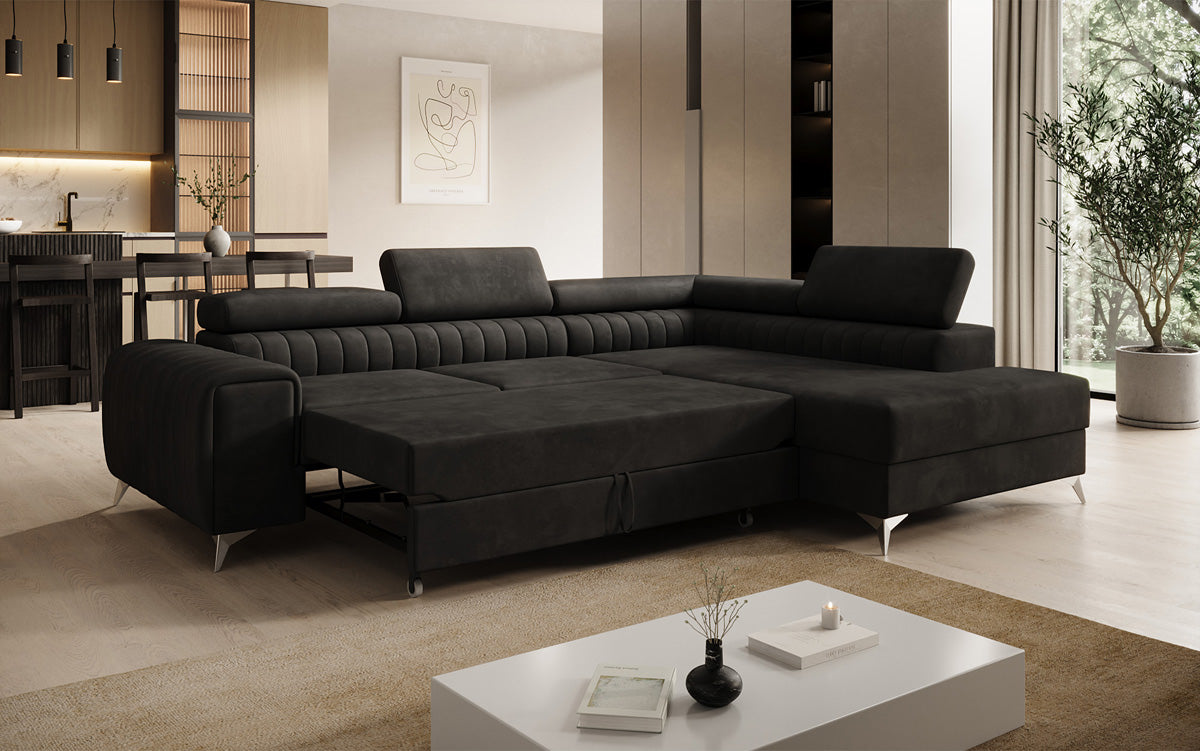 Designer Ecksofa Aurea mit Schlaf- und Klappfunktion in Samt