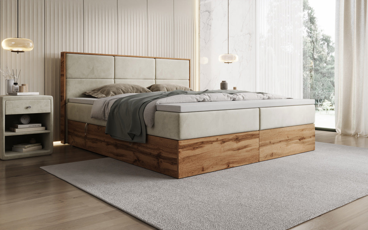 Boxspringová posteľ Timber Panel s úložným priestorom v zamate