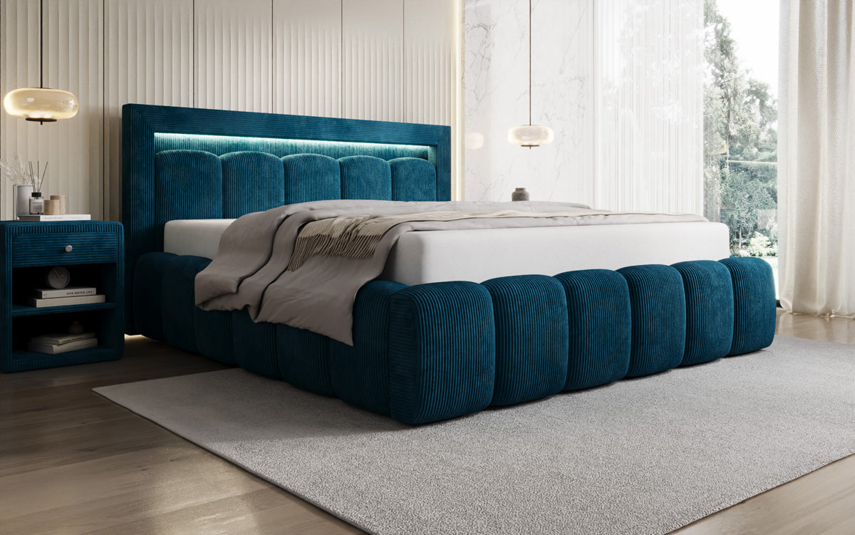 Designer Polsterbett Lume in Cord mit Stauraum und RGB Beleuchtung