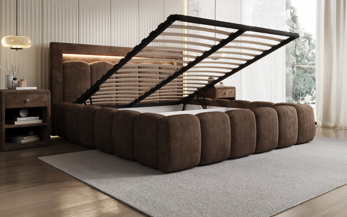 Designer Polsterbett Lume in Cord mit Stauraum und RGB Beleuchtung