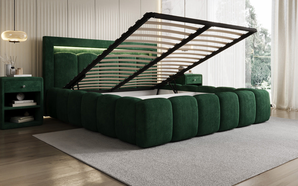 Designer Polsterbett Lume in Cord mit Stauraum und RGB Beleuchtung