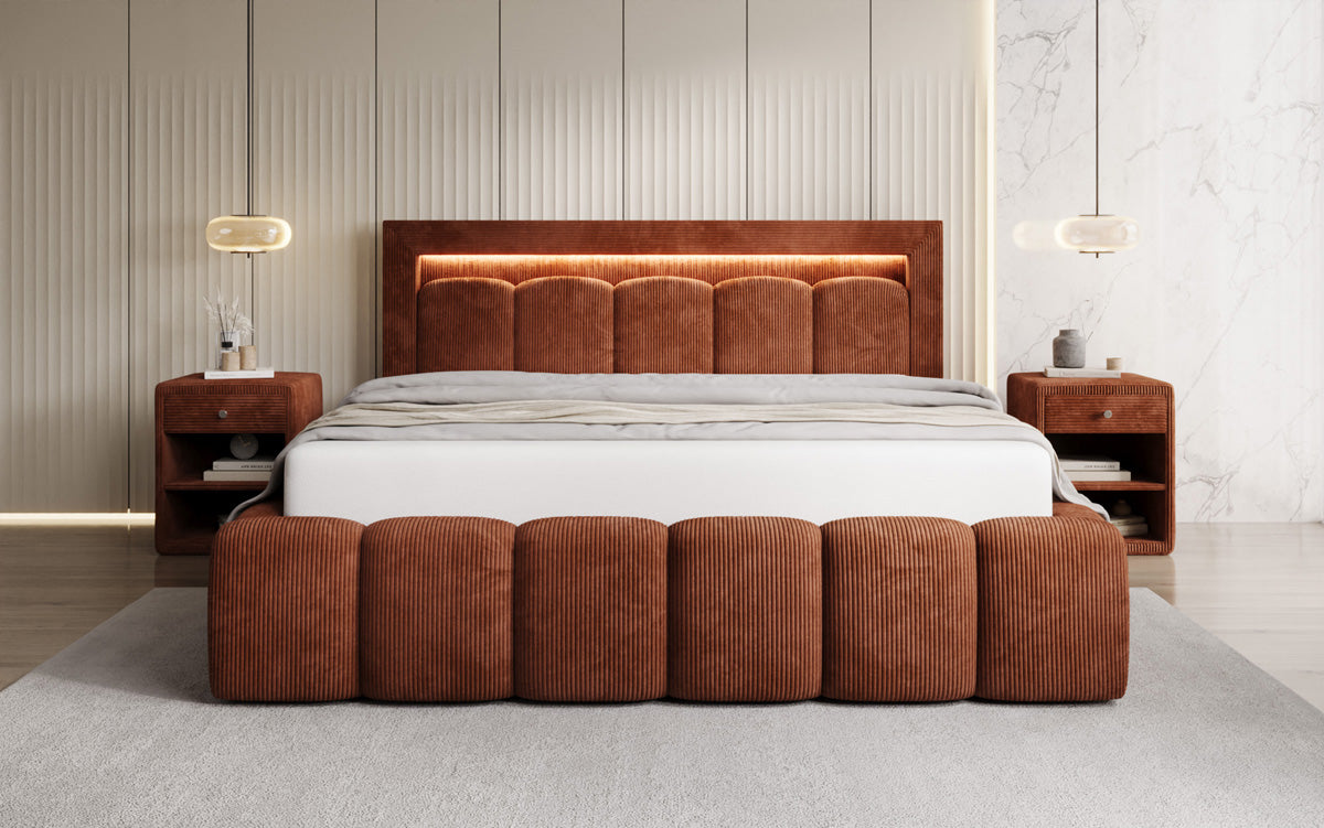 Designer Polsterbett Lume in Cord mit Stauraum und RGB Beleuchtung