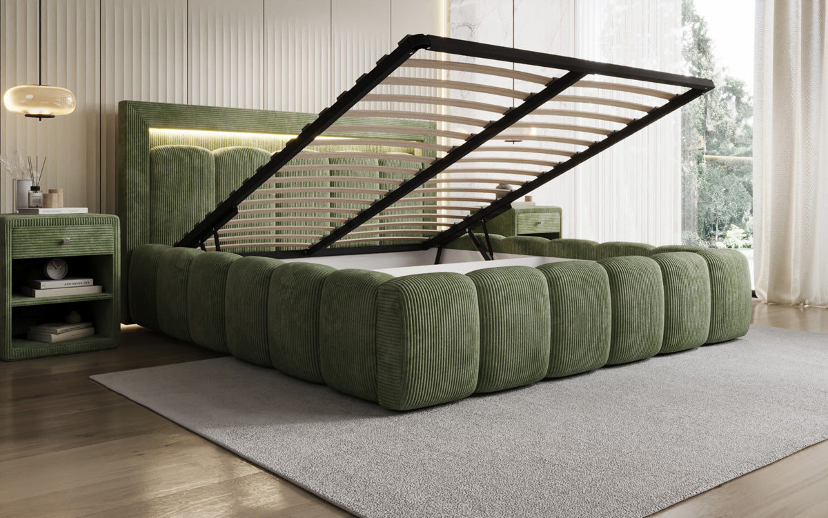 Designer Polsterbett Lume in Cord mit Stauraum und RGB Beleuchtung