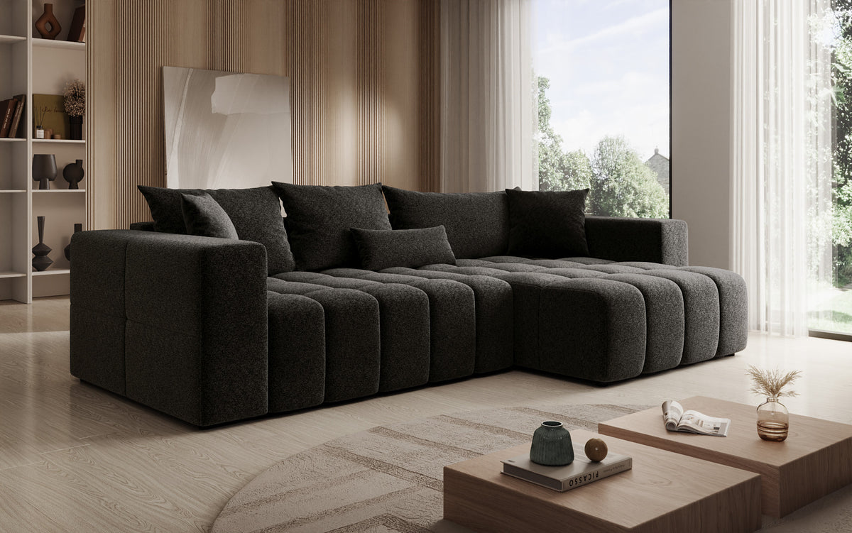 Designer Ecksofa Momo mit Schlaf- und Klappfunktion in Strukturstoff