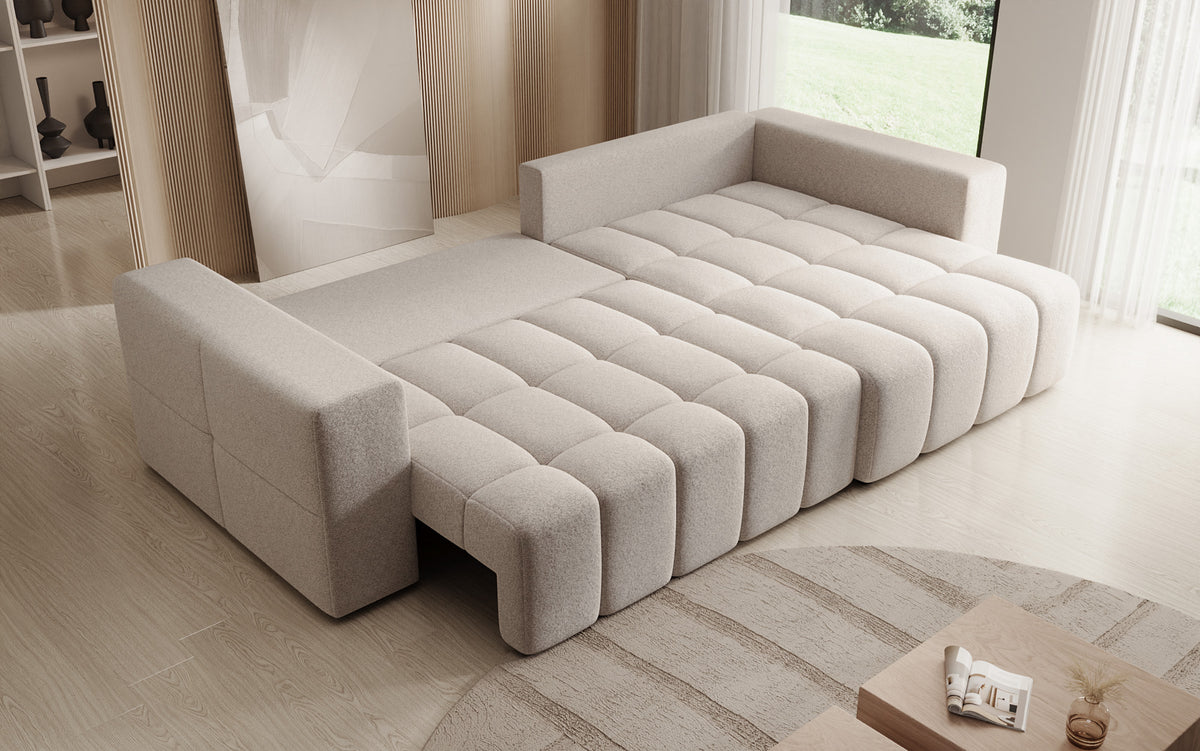 Designer Ecksofa Momo mit Schlaf- und Klappfunktion in Strukturstoff