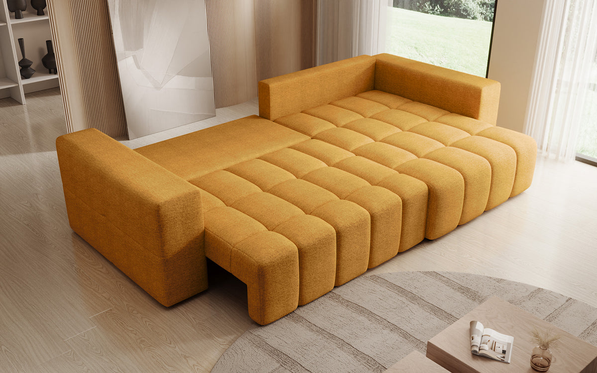 Designer Ecksofa Momo mit Schlaf- und Klappfunktion in Strukturstoff