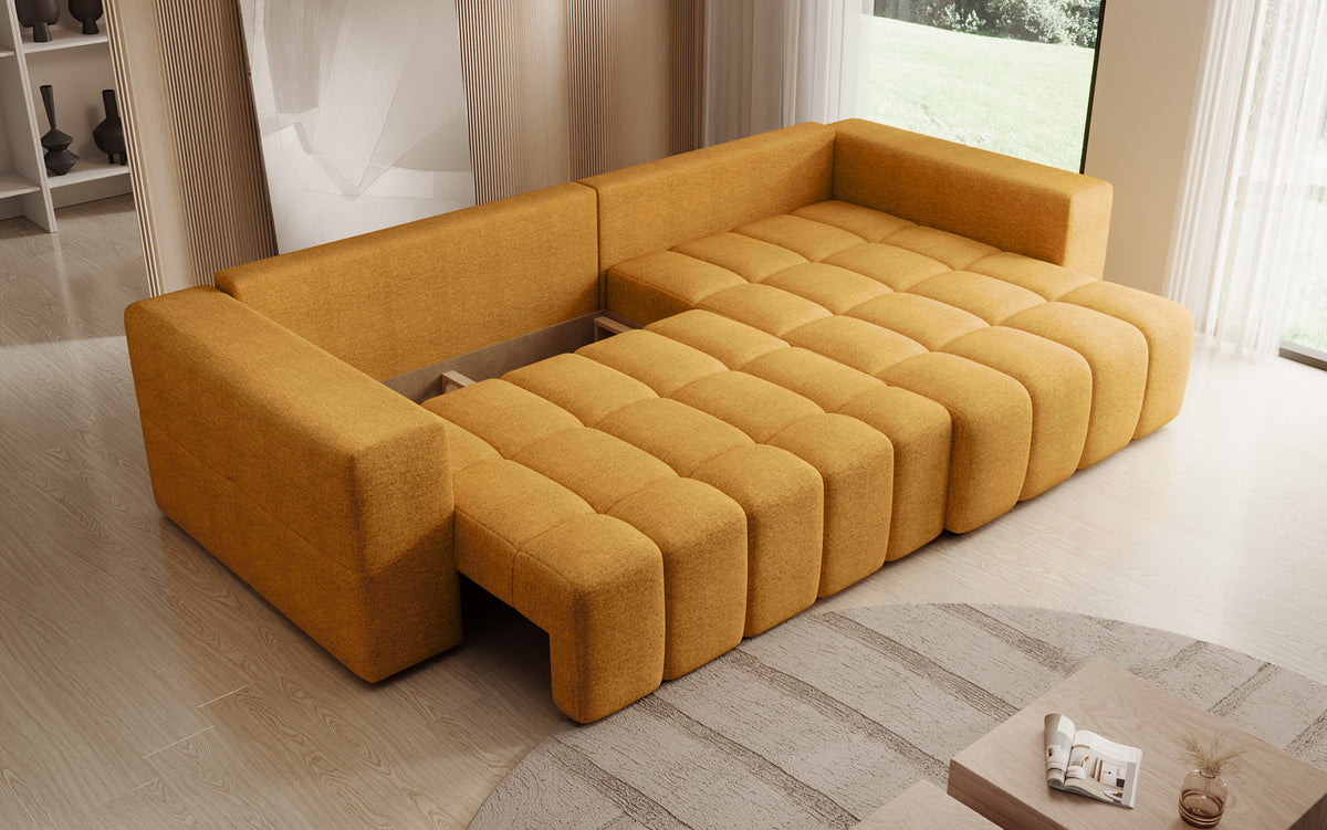 Designer Ecksofa Momo mit Schlaf- und Klappfunktion in Strukturstoff