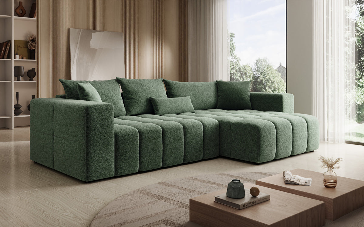Designer Ecksofa Momo mit Schlaf- und Klappfunktion in Strukturstoff