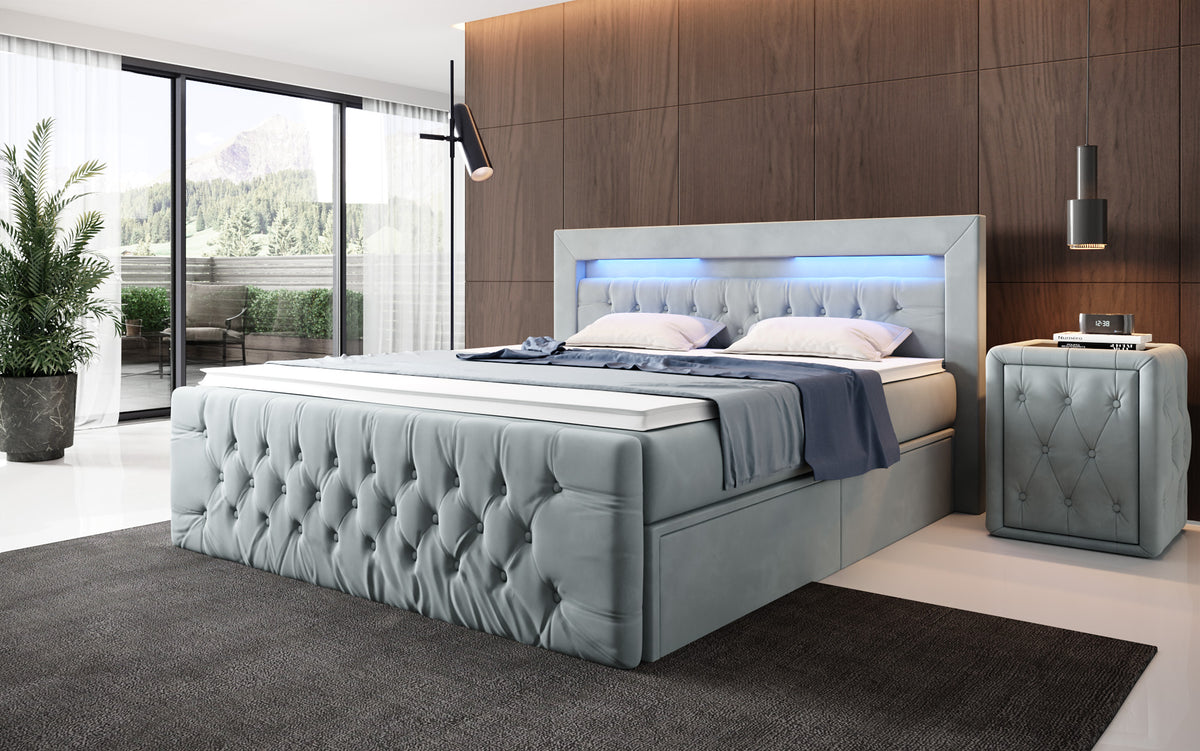 Boxspringbett Menzogna Samt s LED osvetlením a úložným priestorom (2 zásuvky)