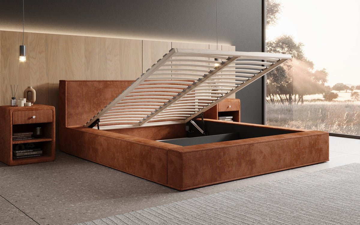 Dizajnérska čalúnená posteľ Harmon so stauraumom