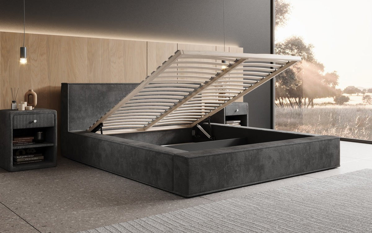 Dizajnérska čalúnená posteľ Harmon so stauraumom