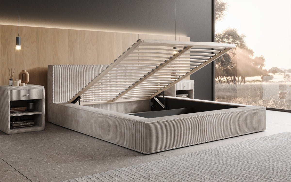 Dizajnérska čalúnená posteľ Harmon so stauraumom