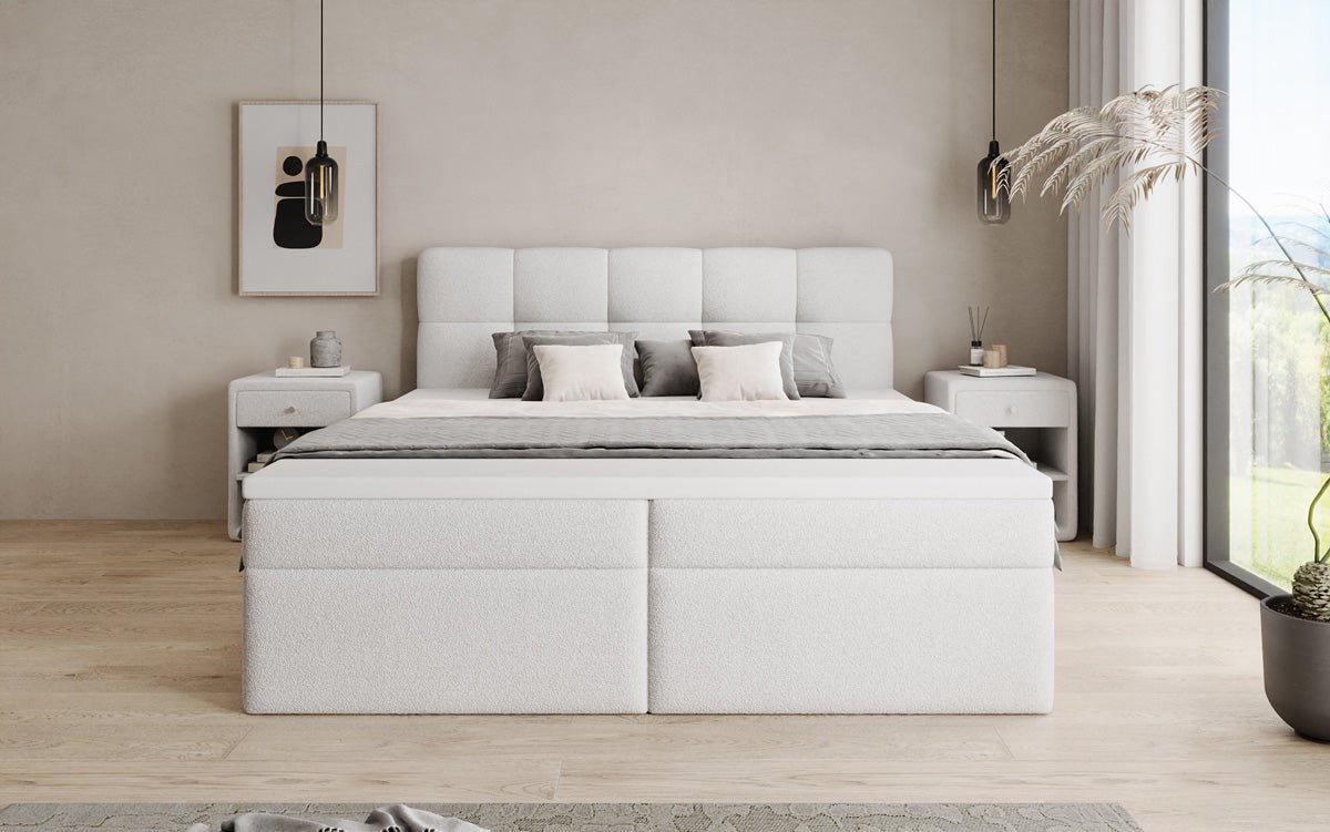 Boxspringová posteľ Cozy II v medvedej bouclé s úložným priestorom