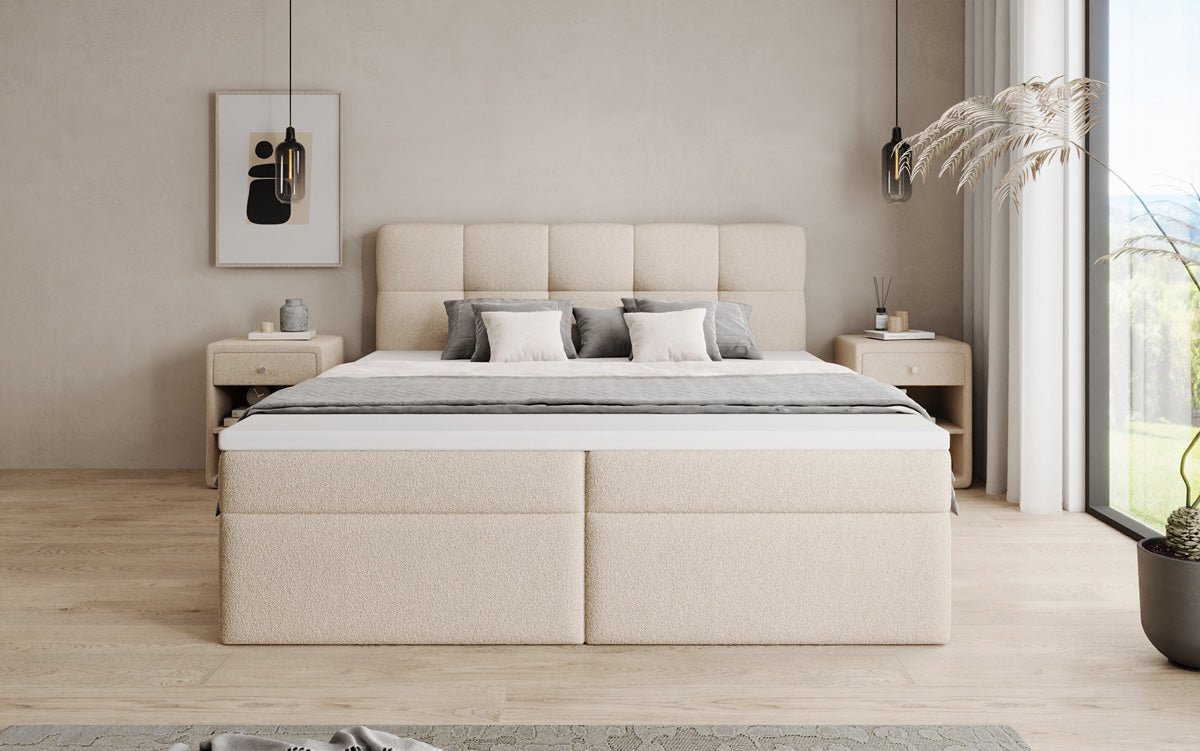 Boxspringová posteľ Cozy II v medvedej bouclé s úložným priestorom