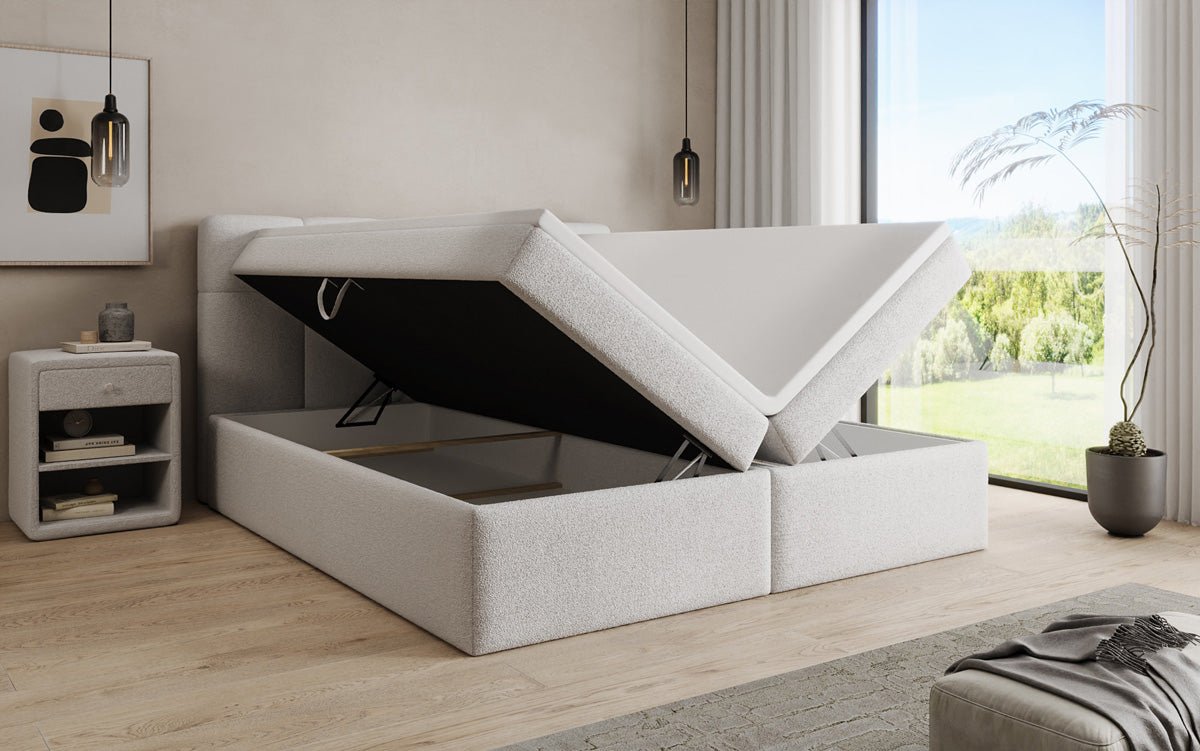 Boxspringová posteľ Cozy II v medvedej bouclé s úložným priestorom