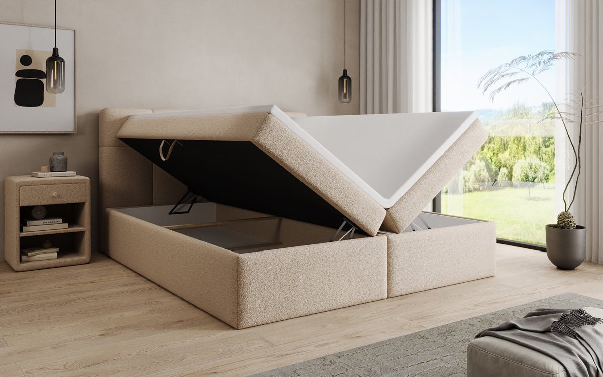 Boxspringová posteľ Cozy II v medvedej bouclé s úložným priestorom