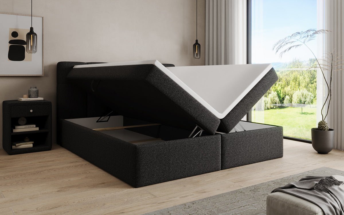 Boxspringová posteľ Cozy II v medvedej bouclé s úložným priestorom