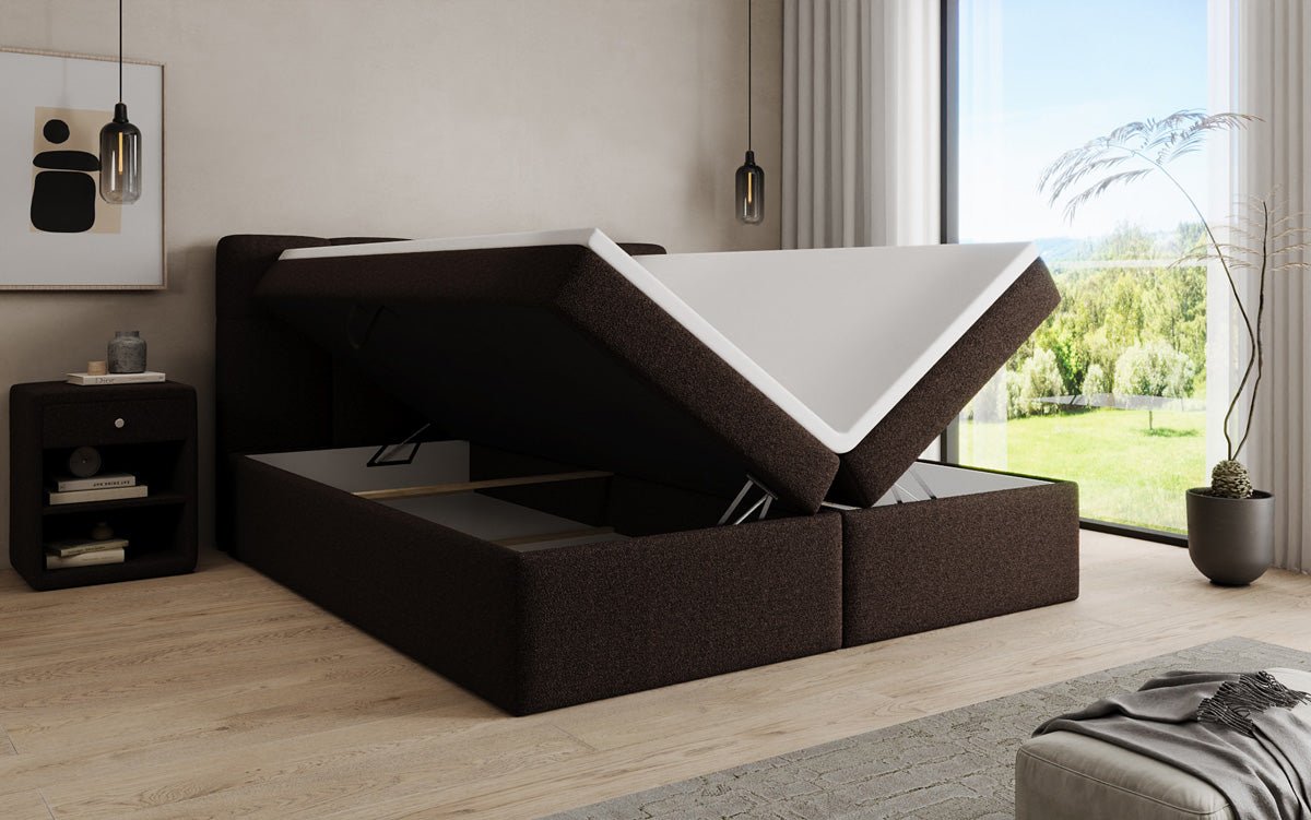 Boxspringová posteľ Cozy II v medvedej bouclé s úložným priestorom