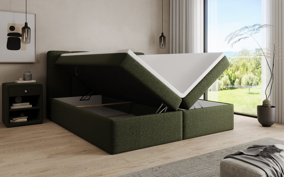 Boxspringová posteľ Cozy II v medvedej bouclé s úložným priestorom