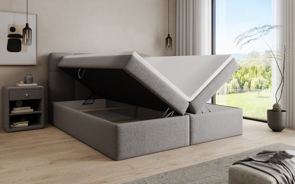 Boxspringová posteľ Cozy II v medvedej bouclé s úložným priestorom