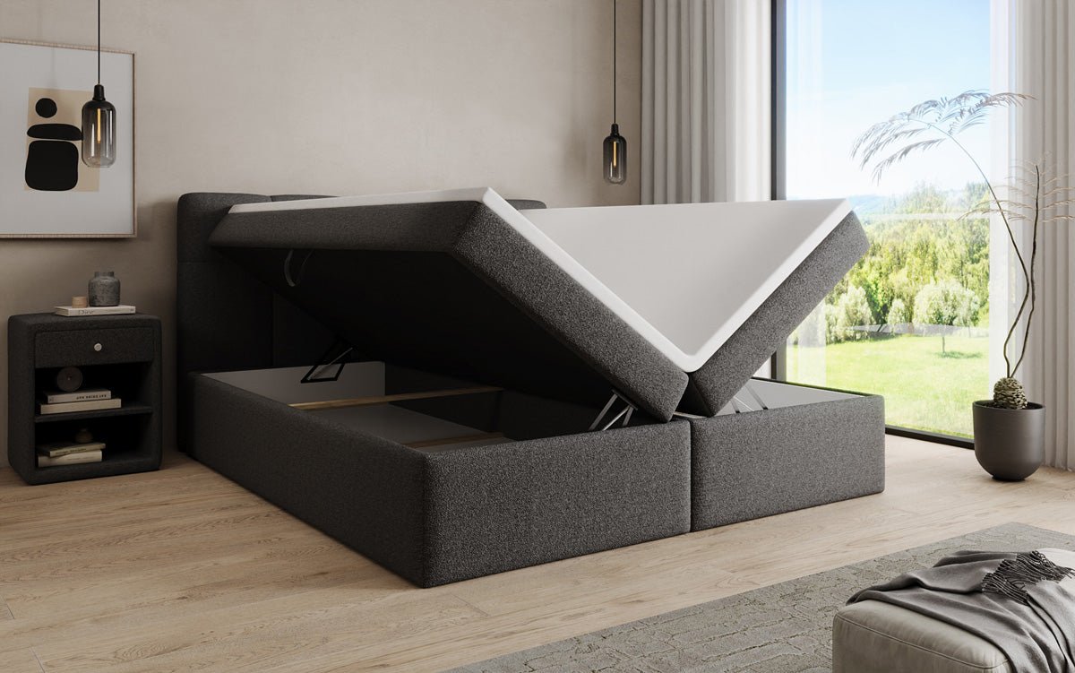 Boxspringová posteľ Cozy II v medvedej bouclé s úložným priestorom