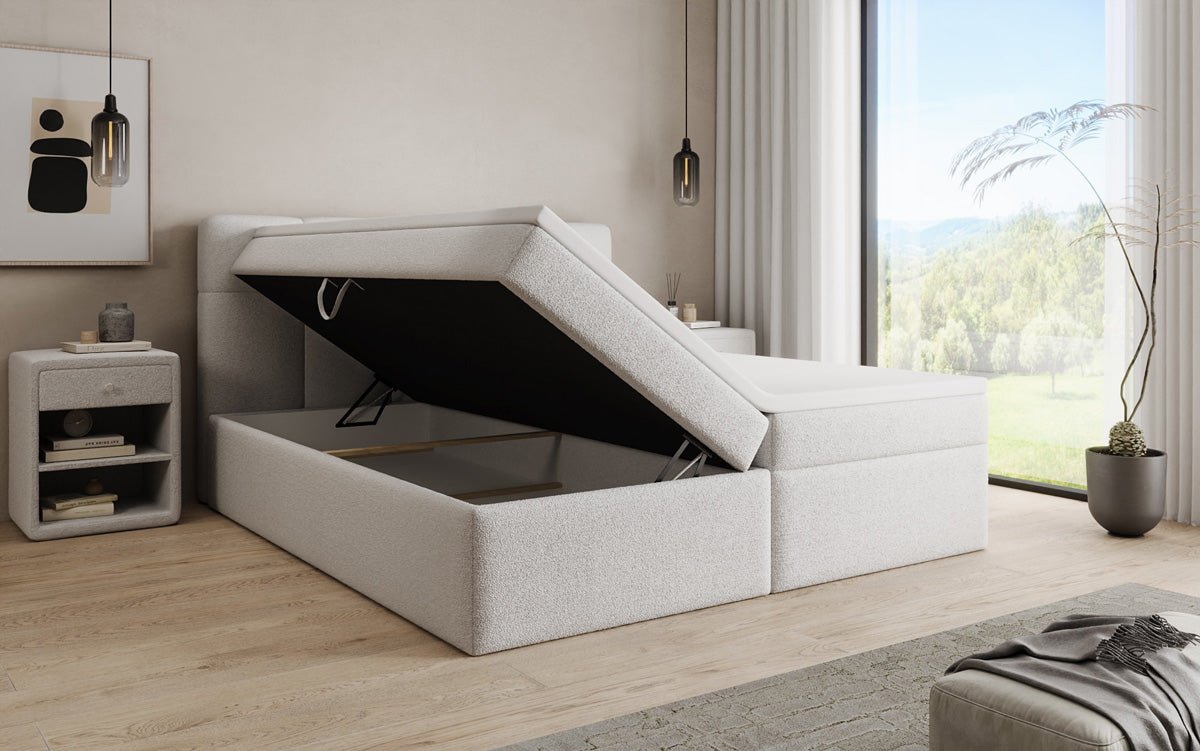 Boxspringová posteľ Cozy II v medvedej bouclé s úložným priestorom