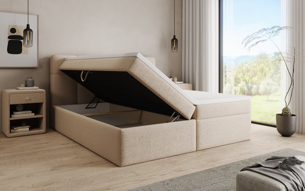 Boxspringová posteľ Cozy II v medvedej bouclé s úložným priestorom