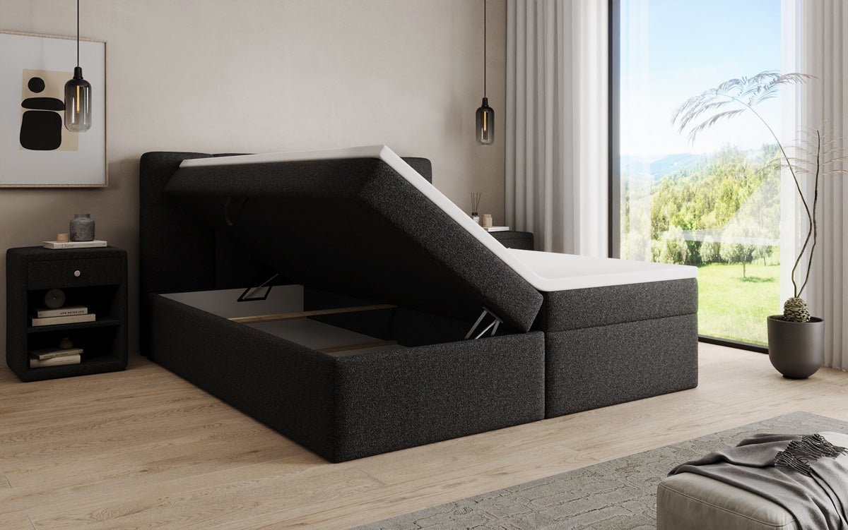 Boxspringová posteľ Cozy II v medvedej bouclé s úložným priestorom