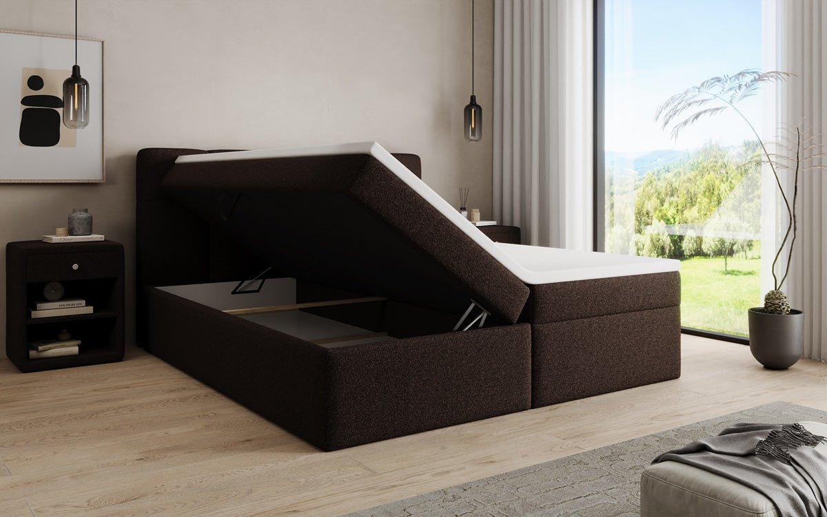 Boxspringová posteľ Cozy II v medvedej bouclé s úložným priestorom