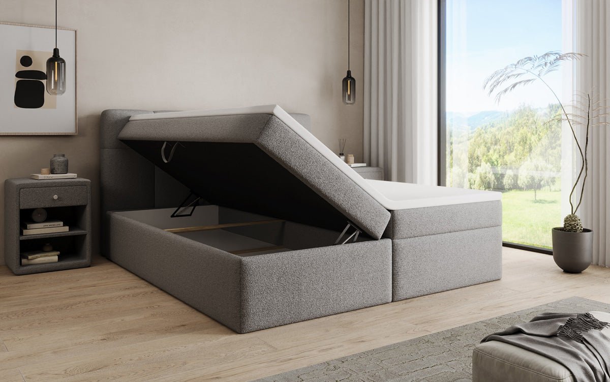 Boxspringová posteľ Cozy II v medvedej bouclé s úložným priestorom