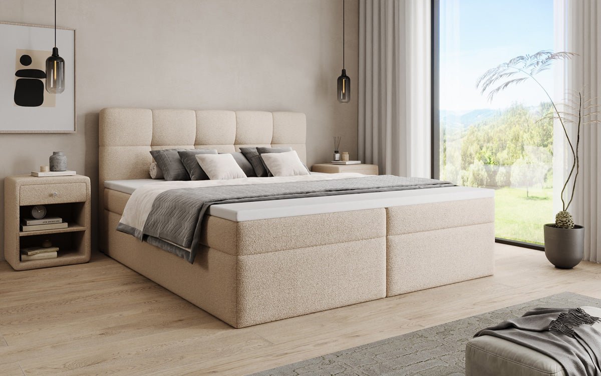 Boxspringová posteľ Cozy II v medvedej bouclé s úložným priestorom