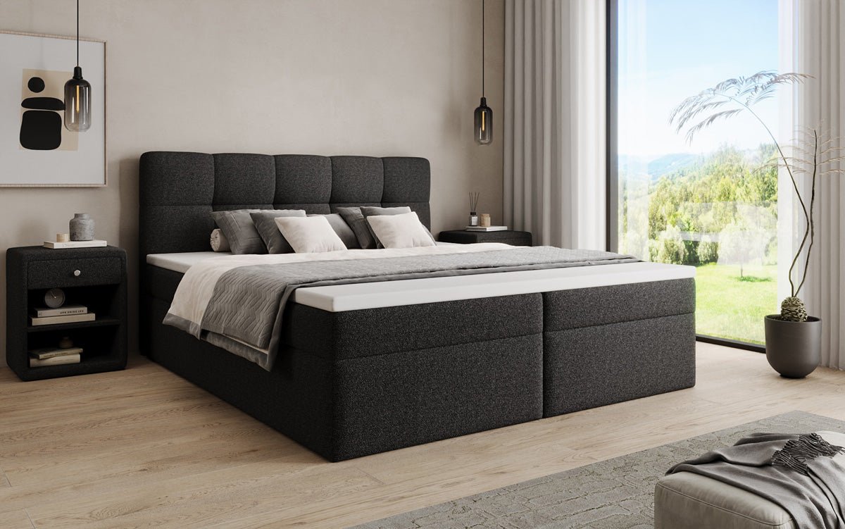 Boxspringová posteľ Cozy II v medvedej bouclé s úložným priestorom