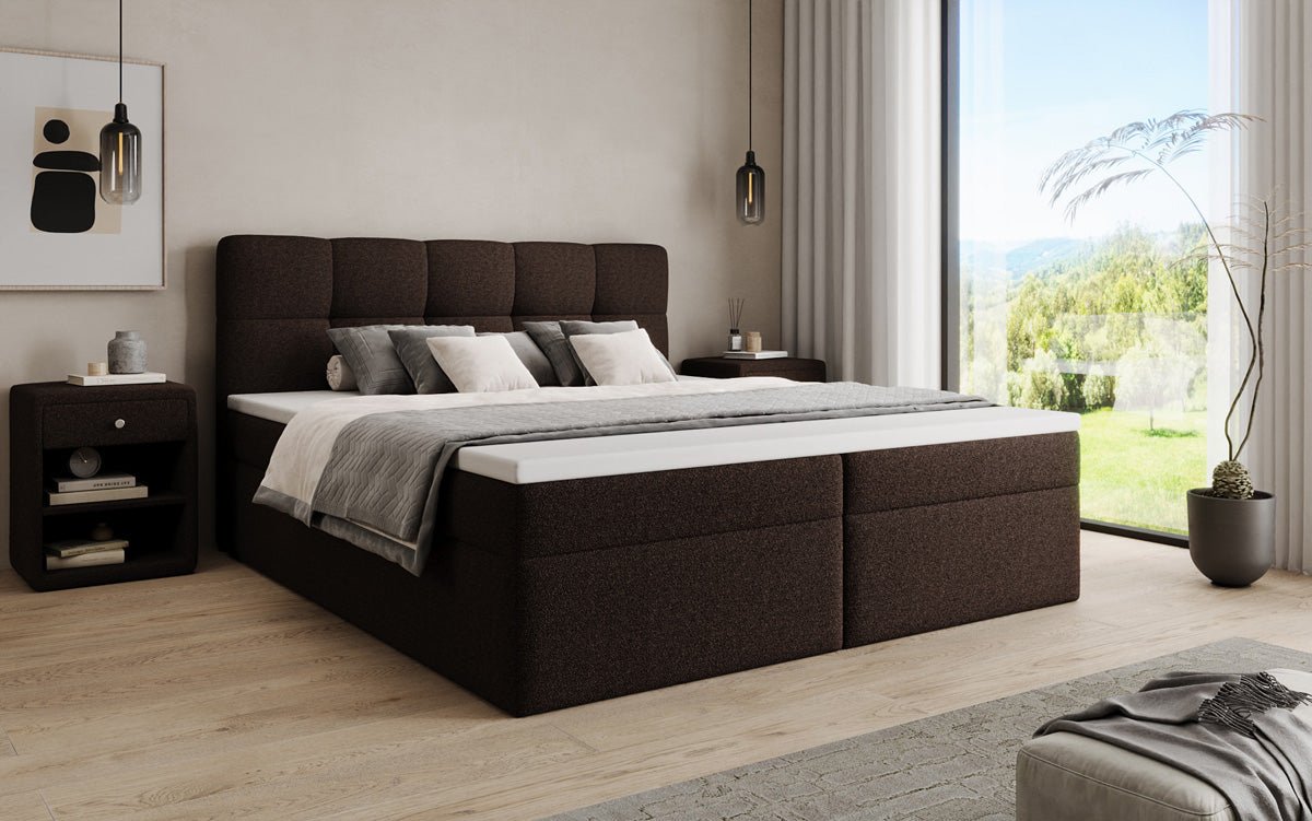 Boxspringová posteľ Cozy II v medvedej bouclé s úložným priestorom