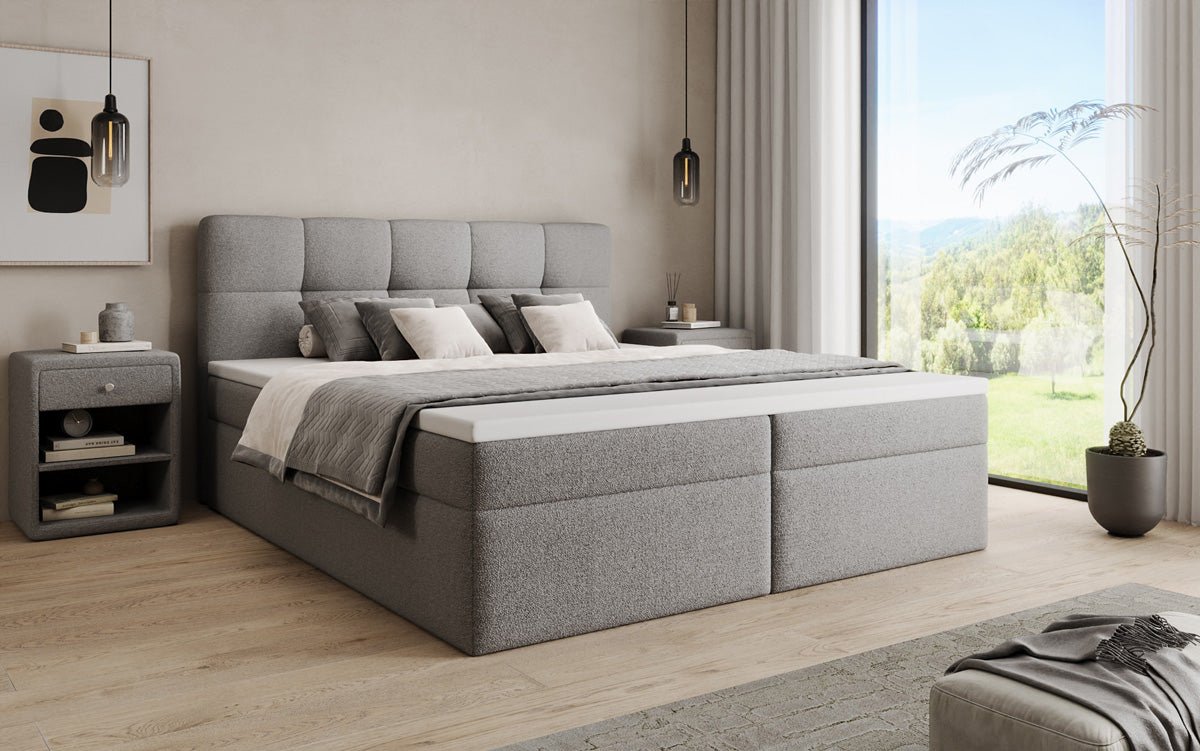 Boxspringová posteľ Cozy II v medvedej bouclé s úložným priestorom