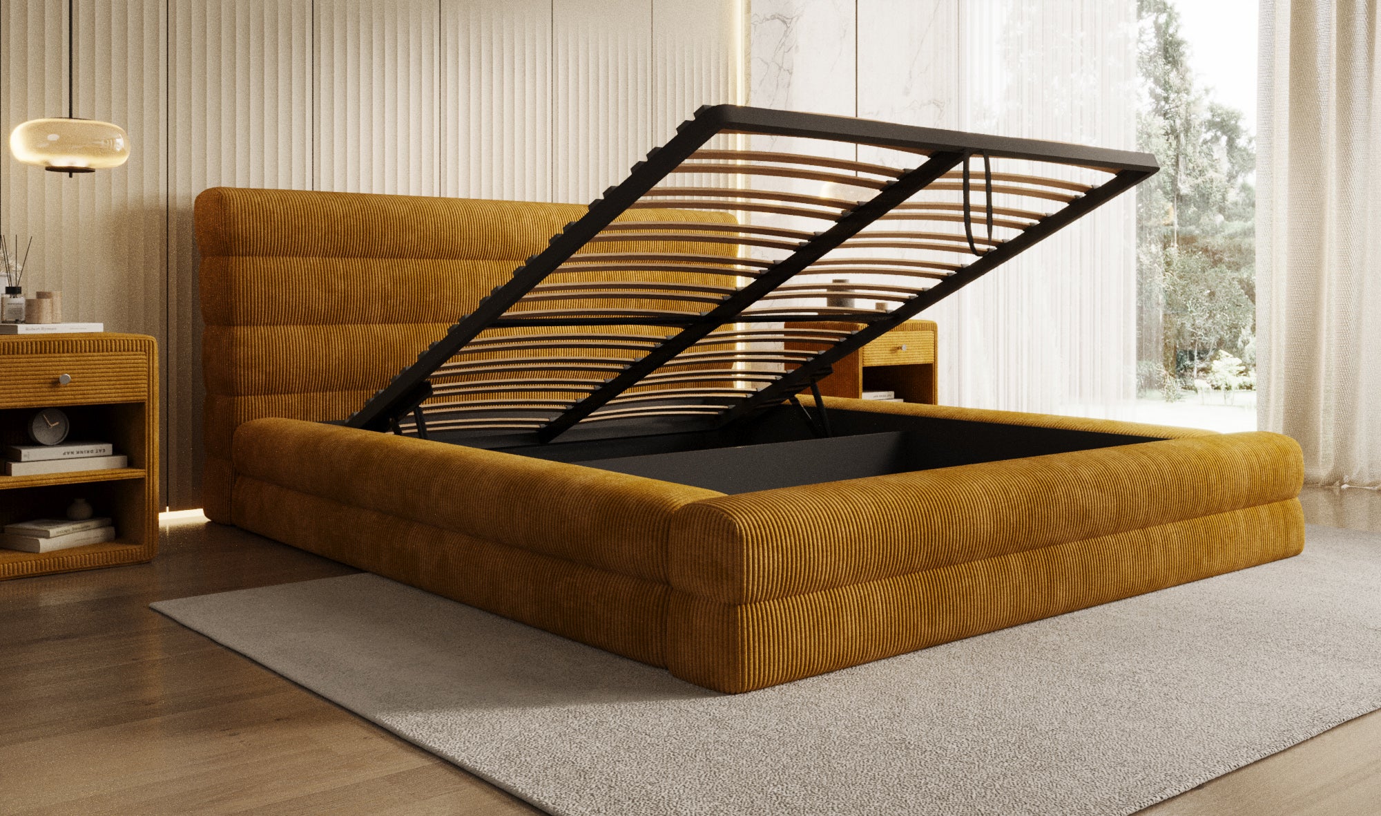 Designer Polsterbett Maren Cord mit Stauraum