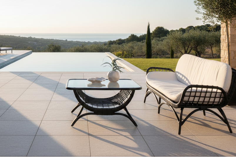 Garten Couchtisch Sarina - Aus Rattan und Glas in Schwarz