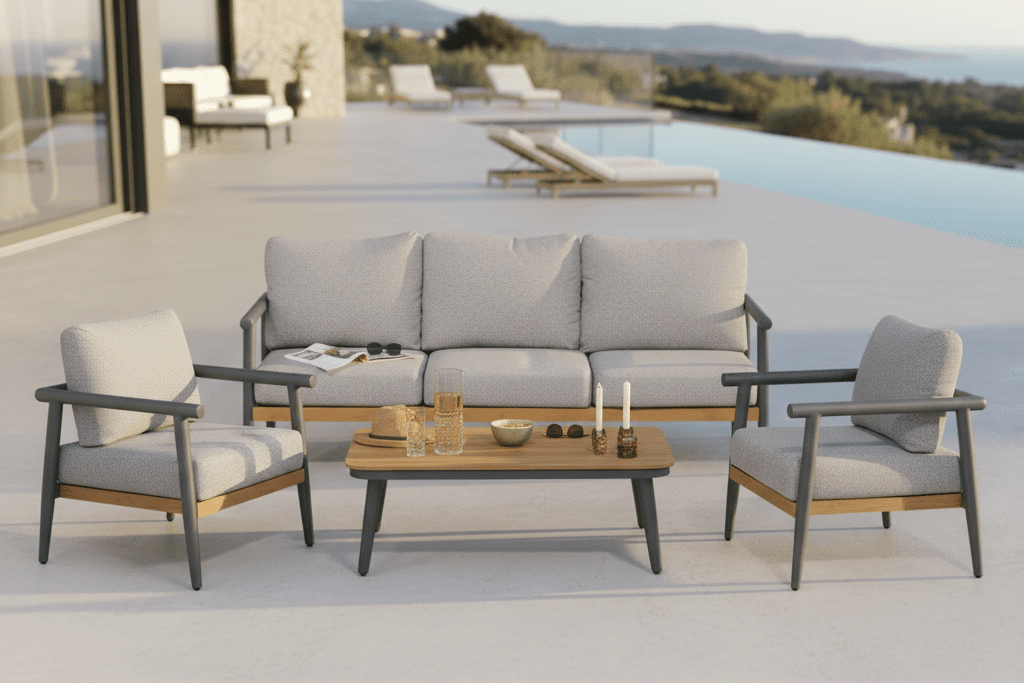 Garten Lounge Set Alviora – mit Aluminiumgestell und Holzoptik-Akzenten