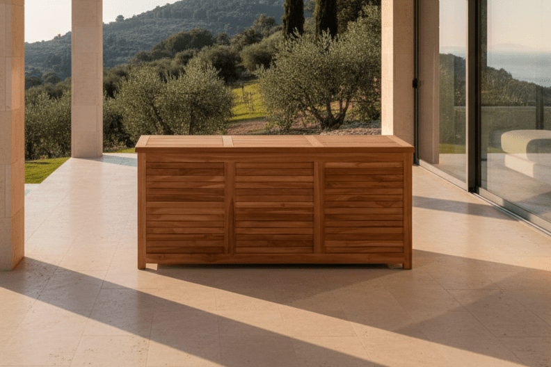 Záhradná box na vankúše Sorine - 60x130x50 z teakového dreva