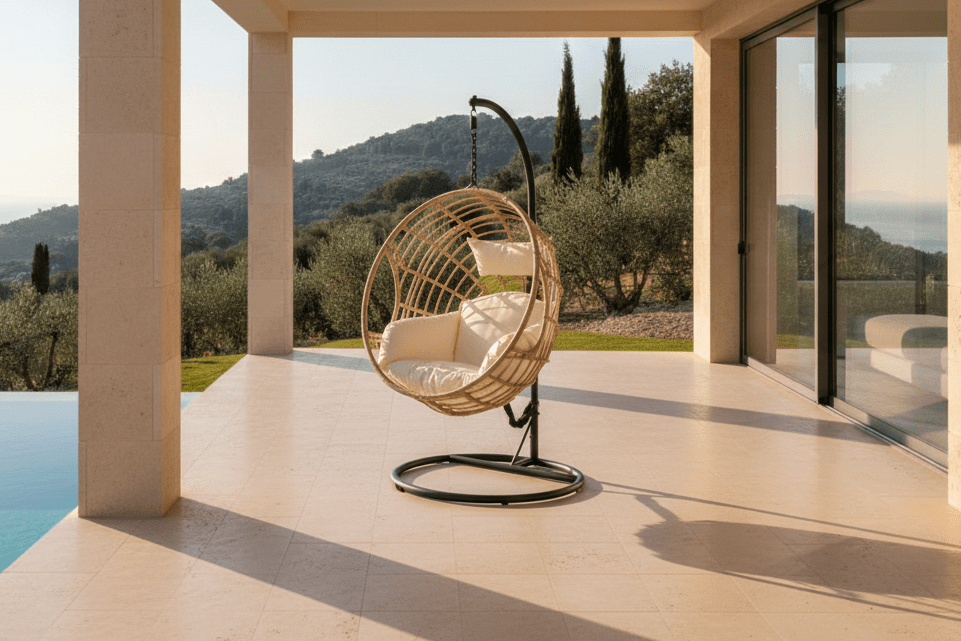 Závesné kreslo Mercy do záhrady - z ratanu/kovu v prírodnej farbe