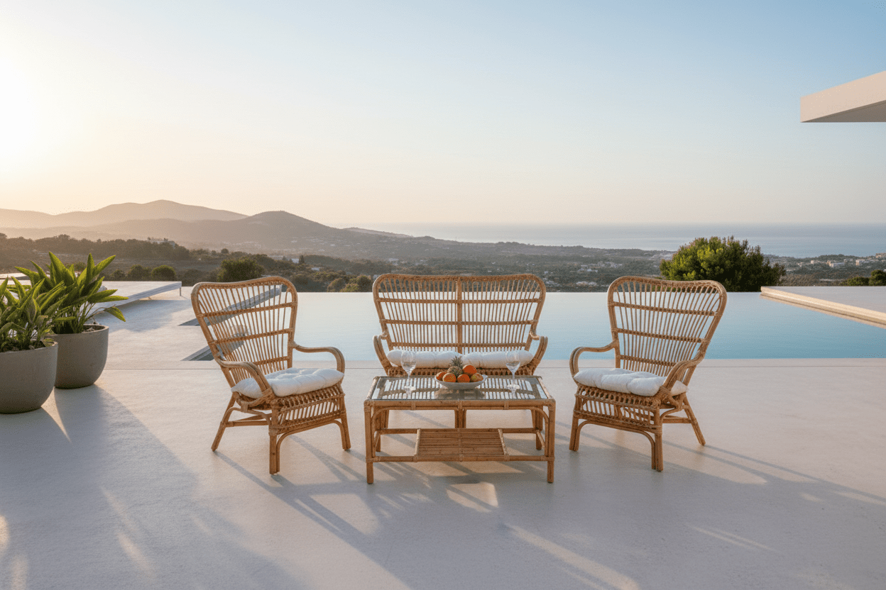 Záhradná sedacia súprava Raisa – s doskou z skla a bielymi vankúšmi