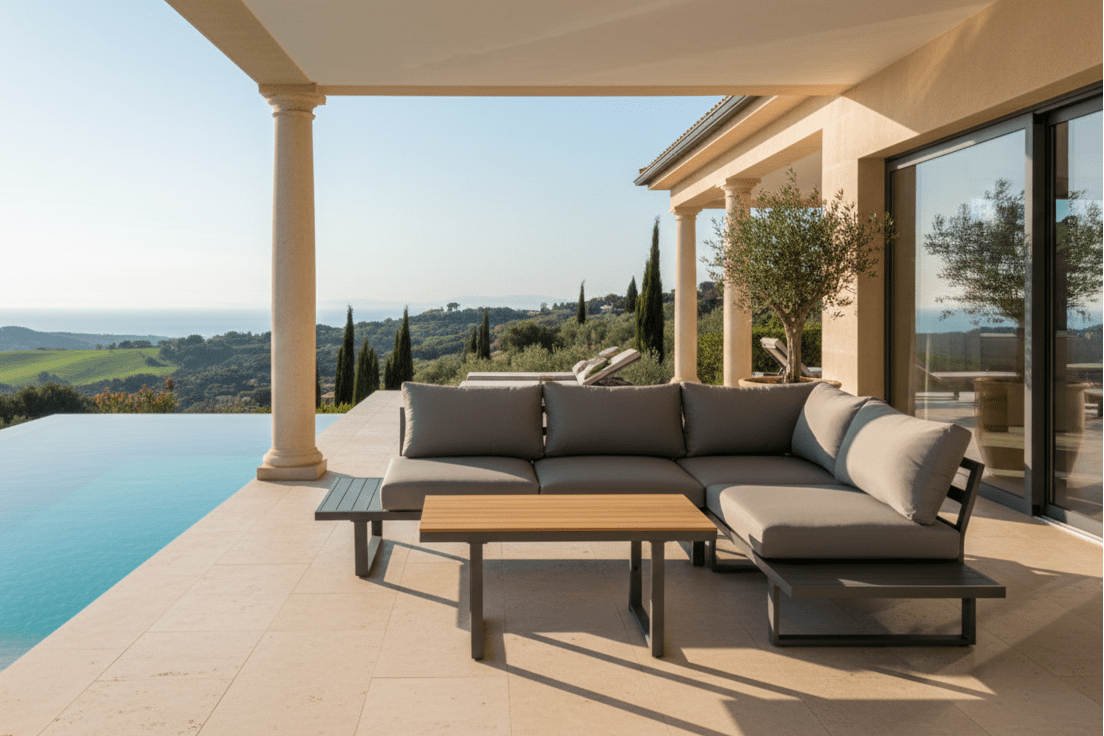 Garten Loungeset Santorin – Aluminium Ecksofa mit höhenverstellbarem Tisch