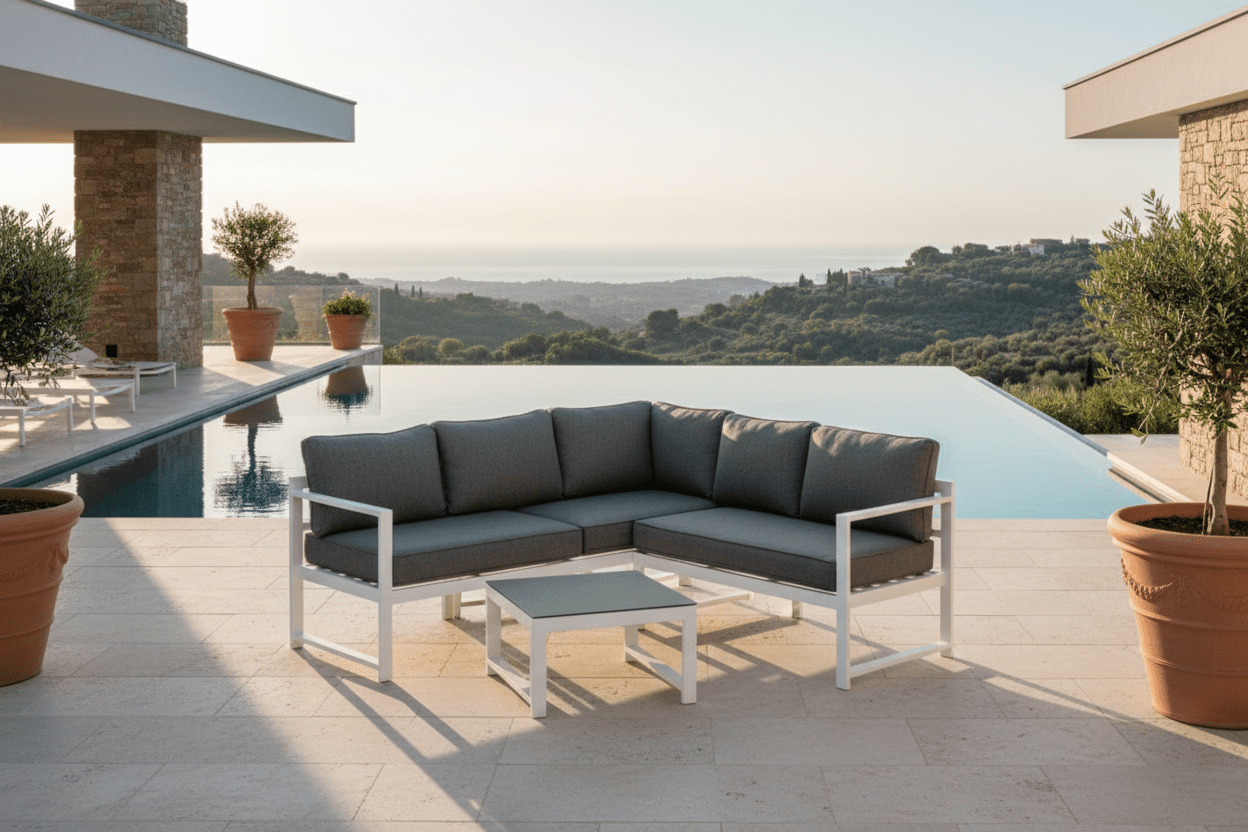 Záhradná lounge súprava Tamara – v sivej farbe s doskou z skla na terasu a balkón
