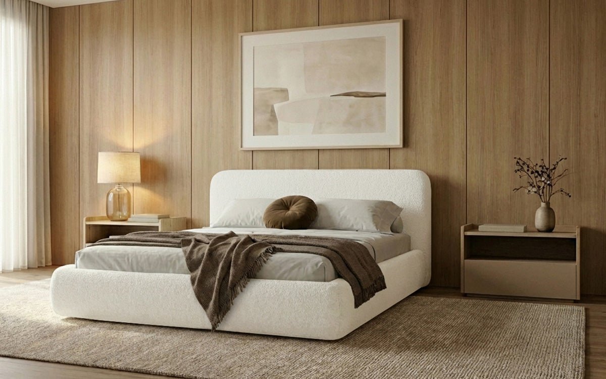 Dizajnová čalúnená posteľ Arosa s poťahom bouclé a úložným priestorom