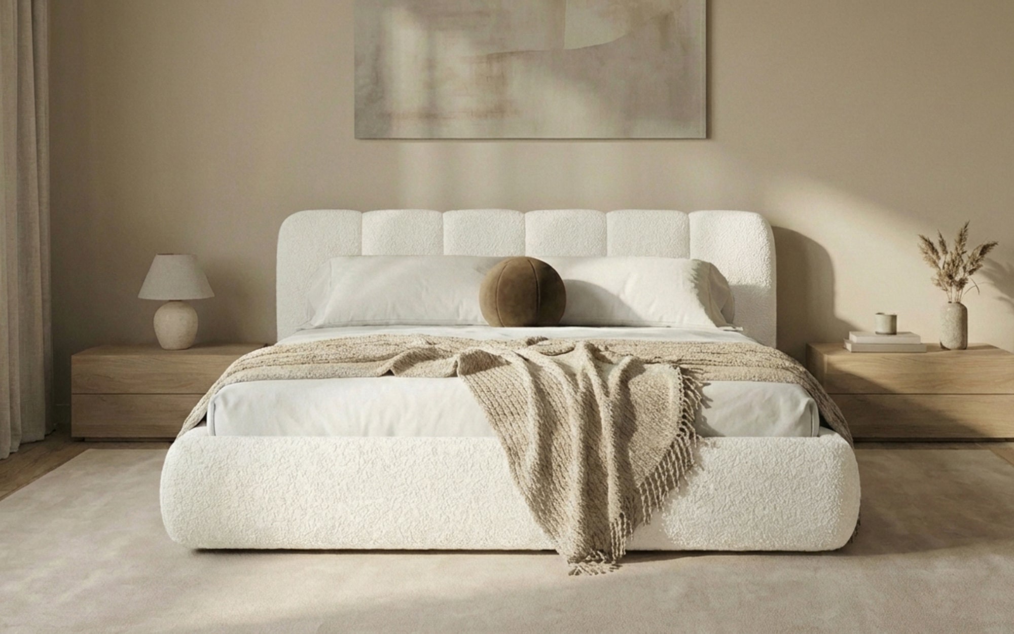 Dizajnová čalúnená posteľ Avelo v bouclé s úložným priestorom