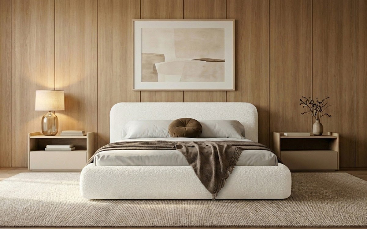 Dizajnová čalúnená posteľ Arosa s poťahom bouclé a úložným priestorom