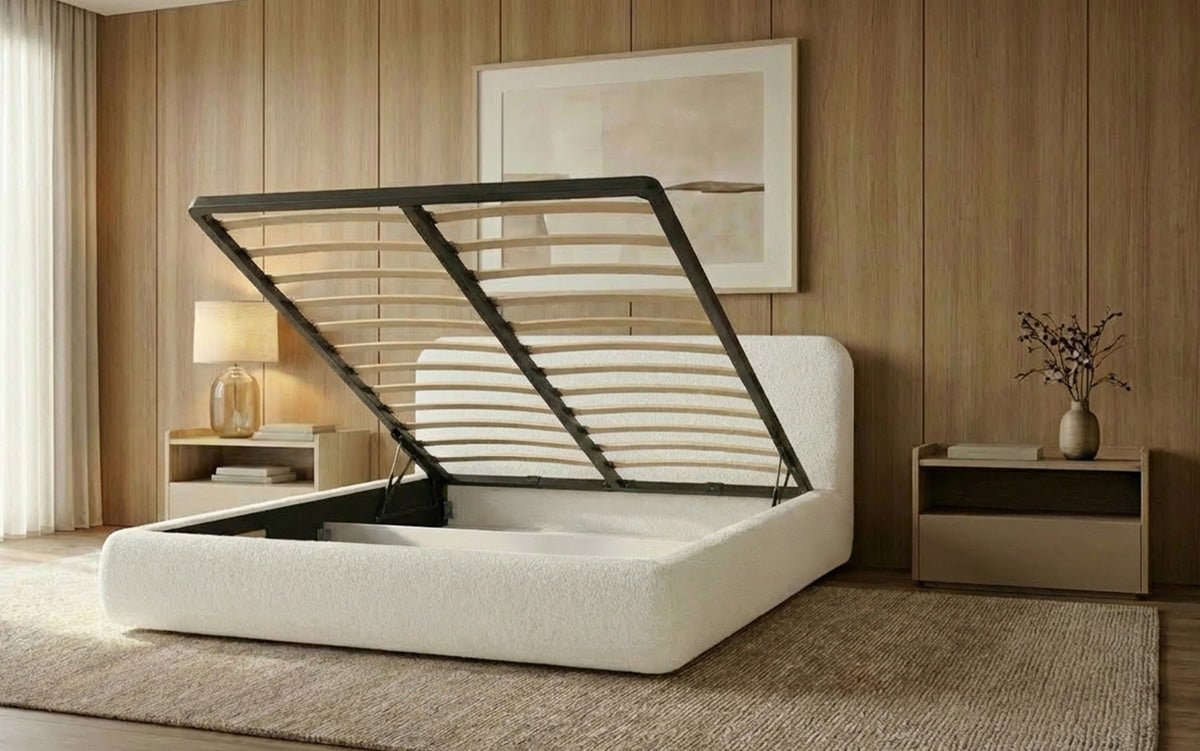 Dizajnová čalúnená posteľ Arosa s poťahom bouclé a úložným priestorom